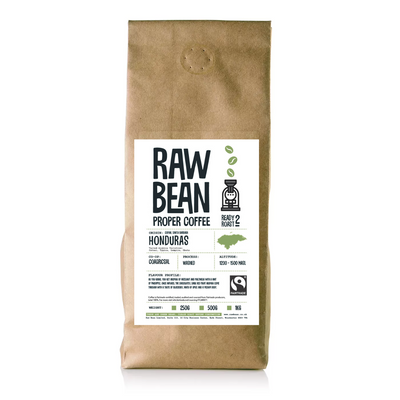 Kraft bag of Raw Bean, Fairtrade, unroasted green beans from the Copan and Santa Barbara departments of Honduras. Cooperative COARGRICSAL. Varied Arabica varieties:  Varied Arabica - Catuai, Typica, Lempira, Obata. Available in bags of 250g, 500g or 1kg for home roasting.