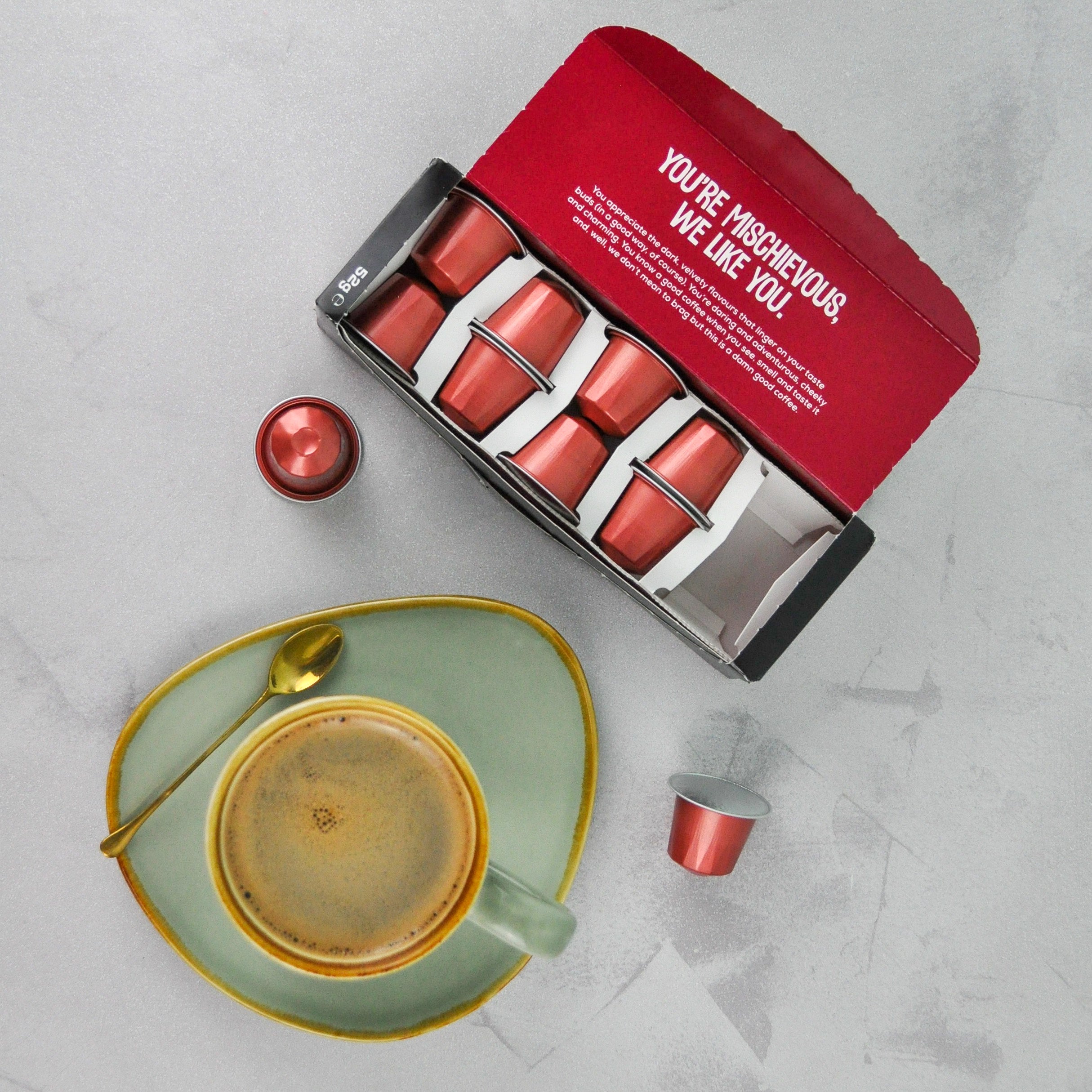 Raw Bean Perfect Pods Deliciously Dark Open view with visual of capsules