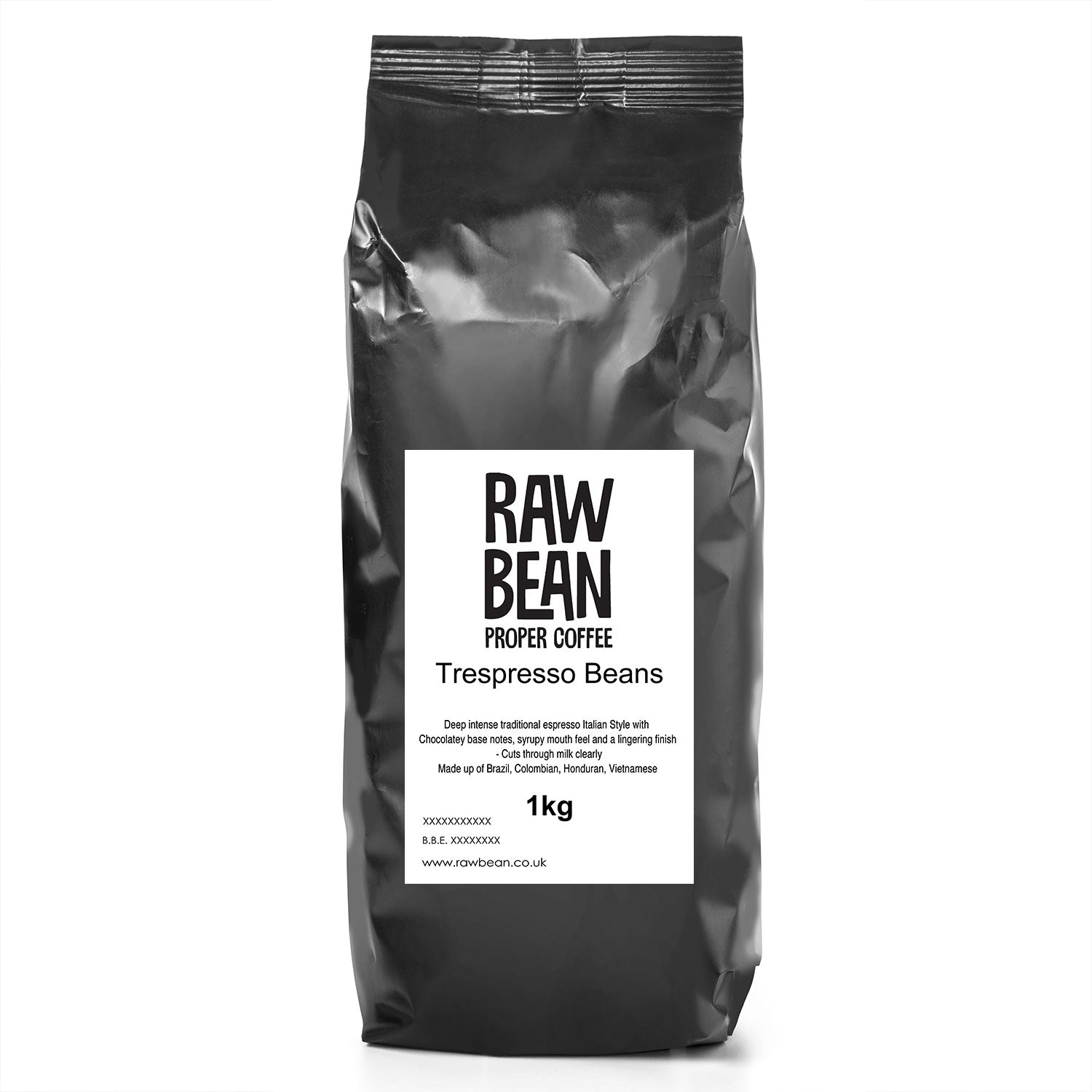 1kg of Trespresso Beans. Tasting notes: Deep, intense, traditional Italian-style espresso with chocolately base notes, syrupy mouth feel and a long finish. A blend of Brazilian, Colombian, Honduran and Asian beans.