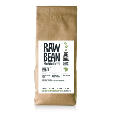 Kraft bag of Raw Bean green coffee. Ready to Roast. ORIGIN: Carmo de Minas, Brazil. VARIETIES: Yellow Bourbon, Acaiá, Icatu and Yellow Catuaí. ESTATE: Fazenda Capim Seco. PROCESS: Naturals and Pulped Naturals. ALTITUDE: 1100 - 1300 masl . Available in bags of 250g, 500g or 1kg.