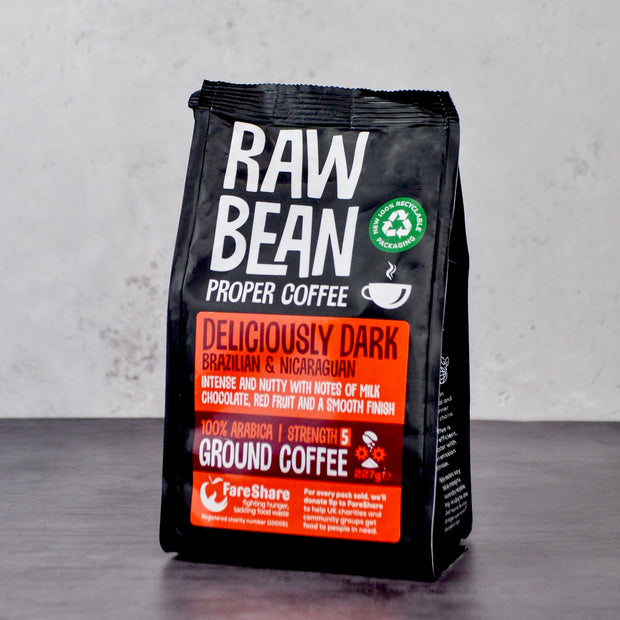Raw Bean Deliciously Dark 100% arabica ground coffee  from Brazil and Nicaragua. Recyclable packaging.